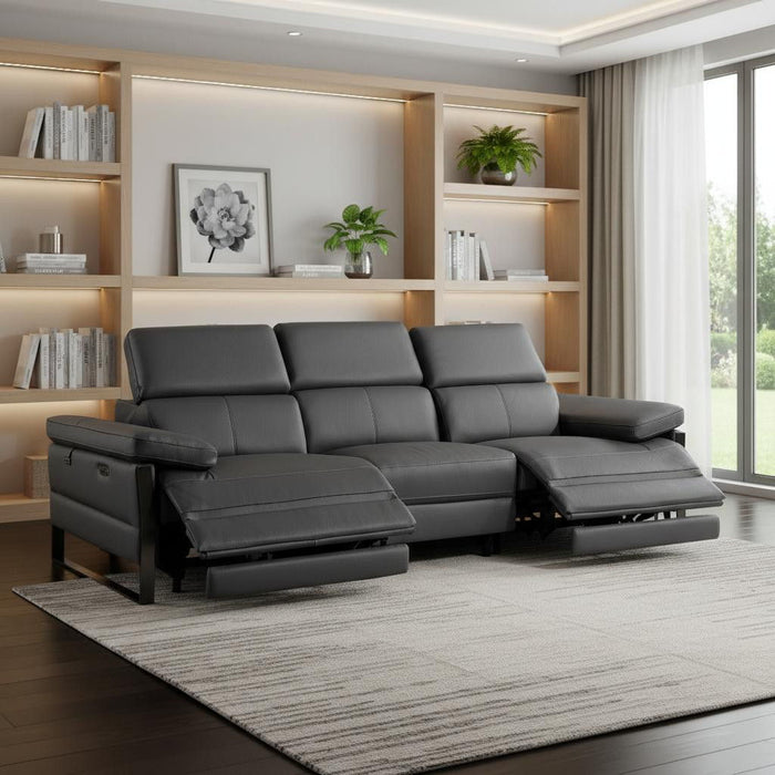 Top Grain Leather Reclining Metal USB Sofa (720324) - Dark Gray