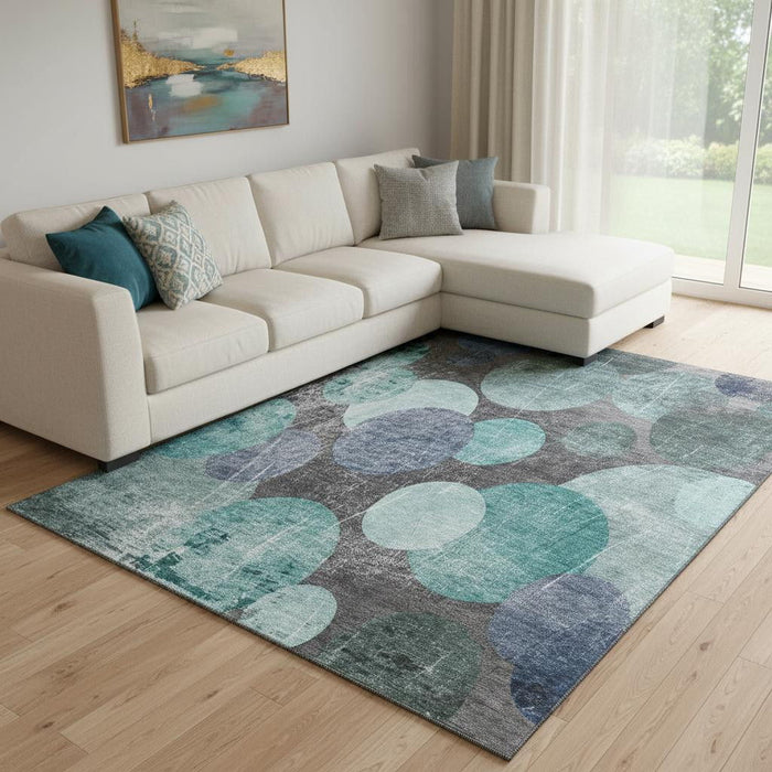 9' X 12' Abstract Washable Area Rug With UV Protection (648915) - Teal / Gray