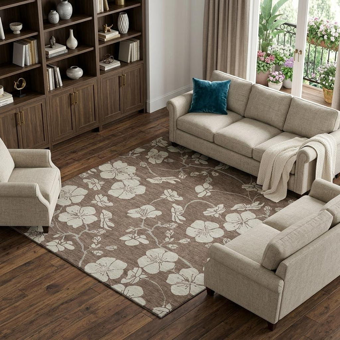 10' X 14' Floral Washable Area Rug With UV Protection (681023) - Brown / Beige