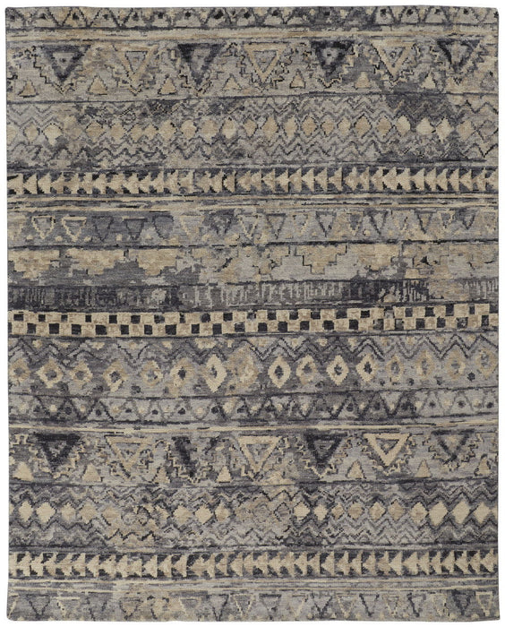8' x 10' Wool Geometric Hand Knotted Area Rug - Taupe Gray And Tan