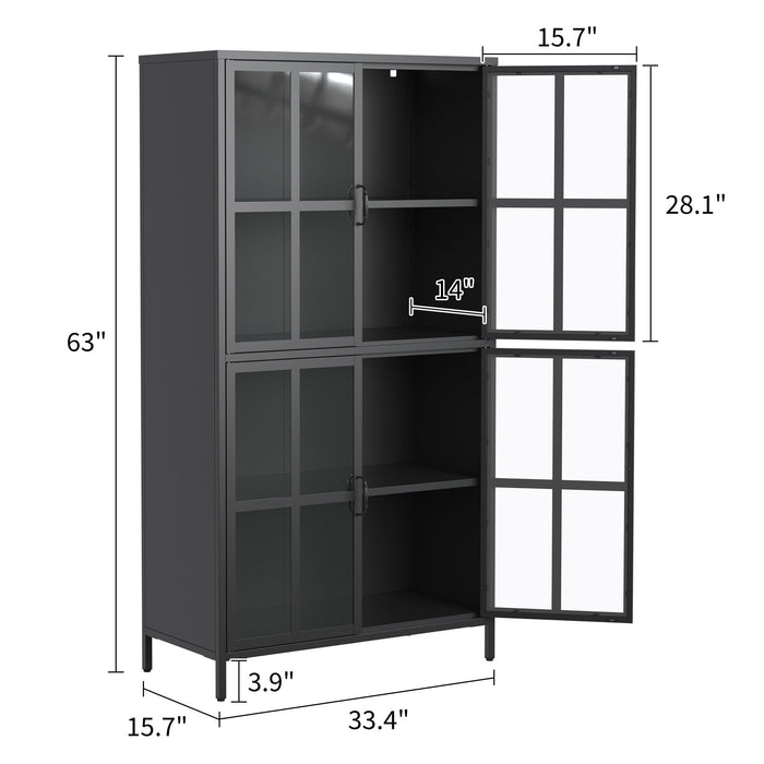Black Giga metal display cabinet with tempered glass doors, adjustable shelves, and anti-tipping device.