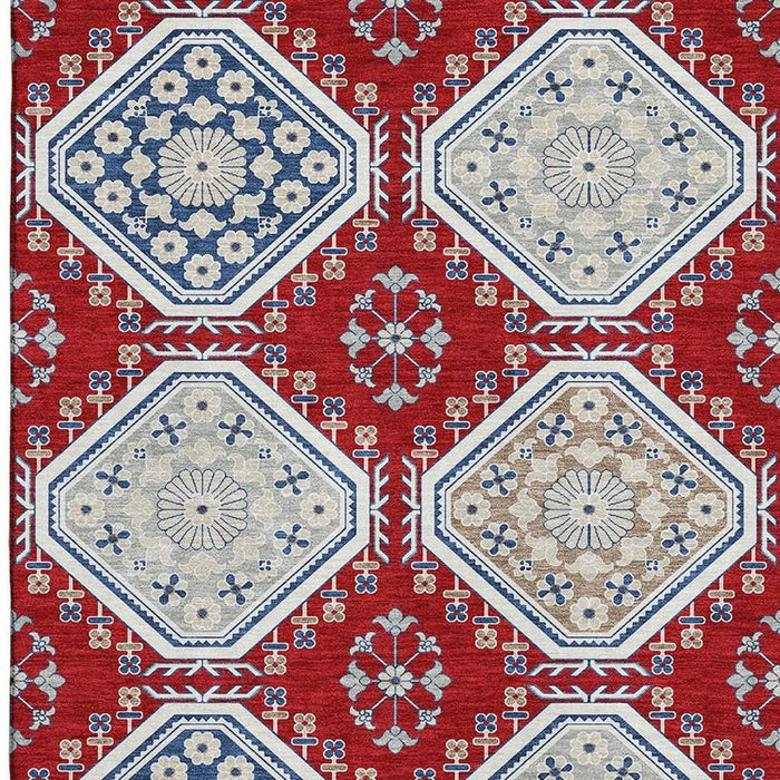 10' X 14' Floral Washable Area Rug With UV Protection (693750) - Red / Navy Blue / Ivory