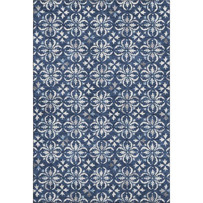 10' X 14' Floral Washable Area Rug With UV Protection (673957) - Navy Blue / Ivory