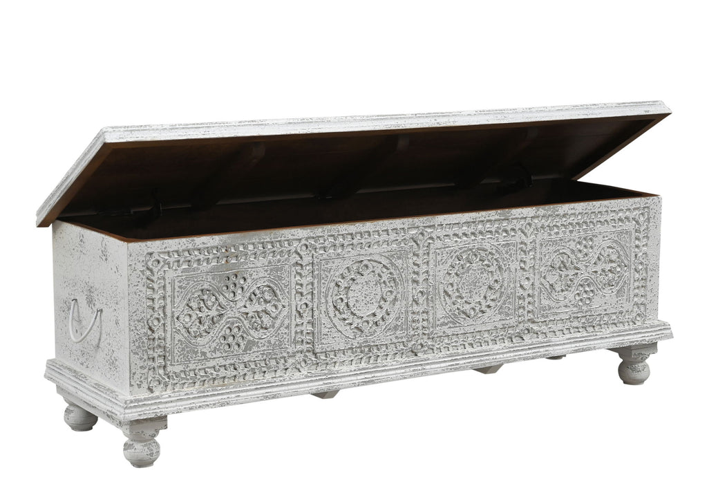 54" Solid Wood Medallion Storage Ottoman - White