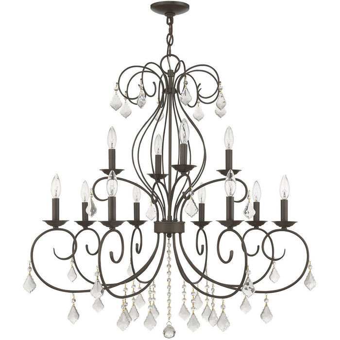 Twelve Light Metal Dimmable Chandelier With Shades - Bronze / Clear