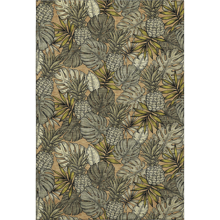 3' X 5' Tropical Botanical Distressed Washable Area Rug With UV Protection (646368) - Khaki / Gray / Yellow