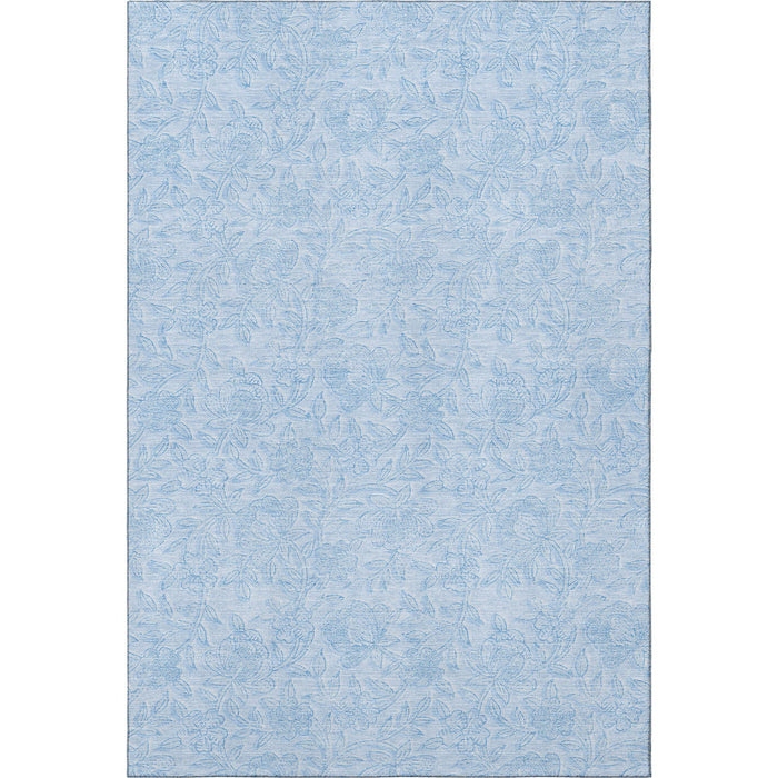 10' X 14' Floral Washable Area Rug With UV Protection - Sky Blue / Ivory