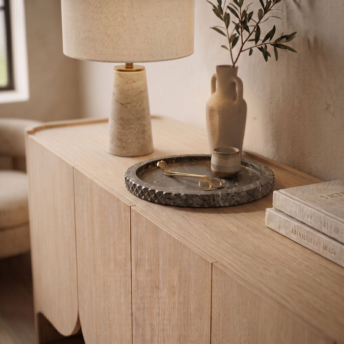 Meridian Furniture Russell travertine tray with gold handles, rectangular design, ideal for serving or decorative use.