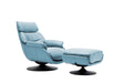Baby blue tufted genuine leather recliner and ottoman by HomeRoots, featuring manual swivel mechanism and plush tufted design.