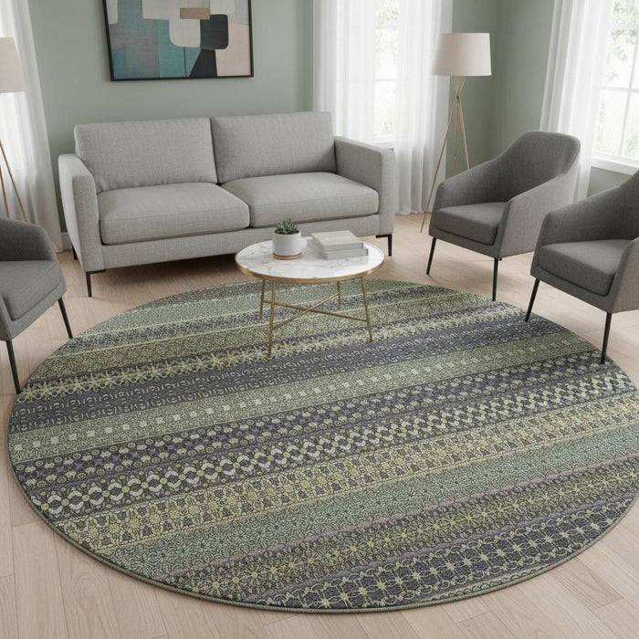 8' Striped Washable Round Rug With UV Protection (647551) - Sage / Gray / Ivory