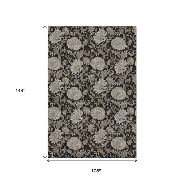 9' X 12' Floral Washable Area Rug With UV Protection (655775) - Black / Beige