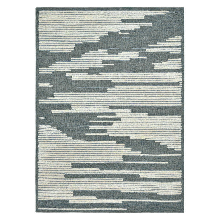 9' X 13' Wool Abstract Hand Hooked Area Rug - Blue And Ivory