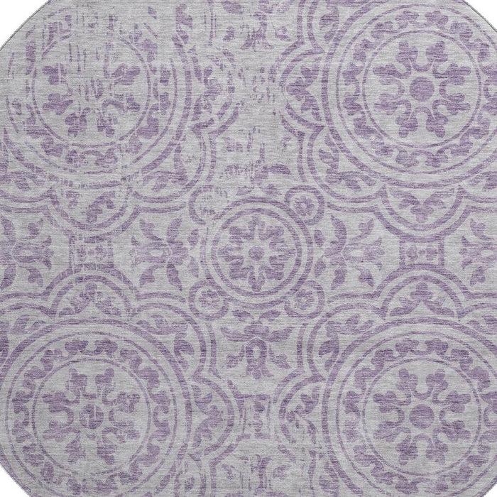 8' Medallion Washable Round Rug With UV Protection - Lavender / Ivory