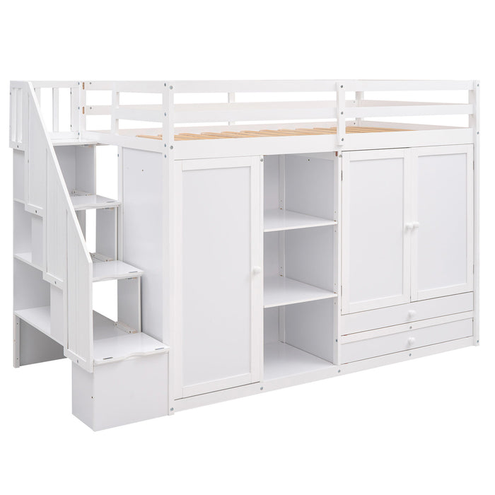 Giga loft bed with three shelves, two wardrobes, two drawers, and ladder storage in a modern bedroom setting.