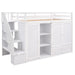 Giga loft bed with three shelves, two wardrobes, two drawers, and ladder storage in a modern bedroom setting.
