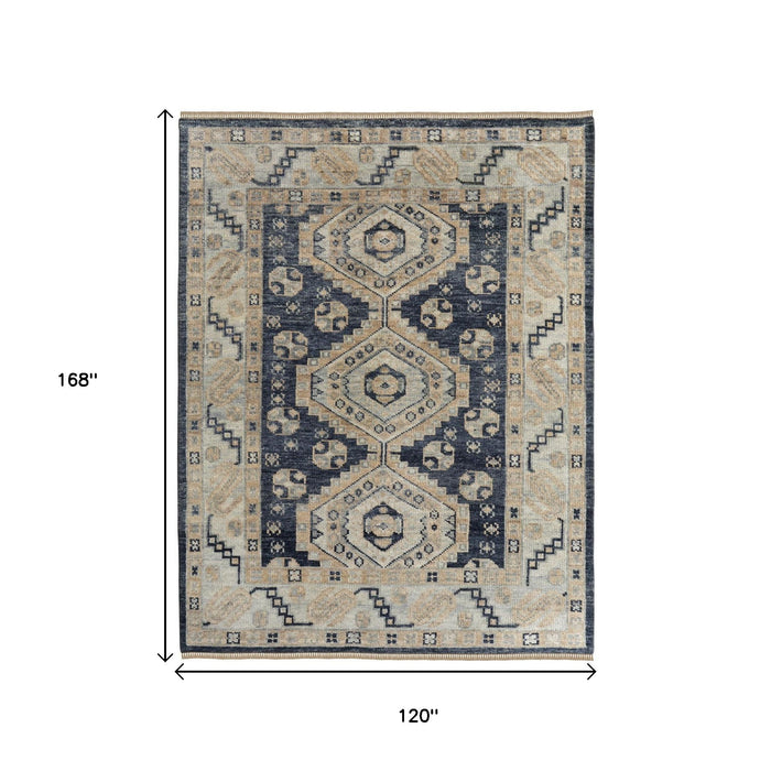 10' X 14' Geometric Hand Knotted Area Rug With Fringe - Blue And Ivory
