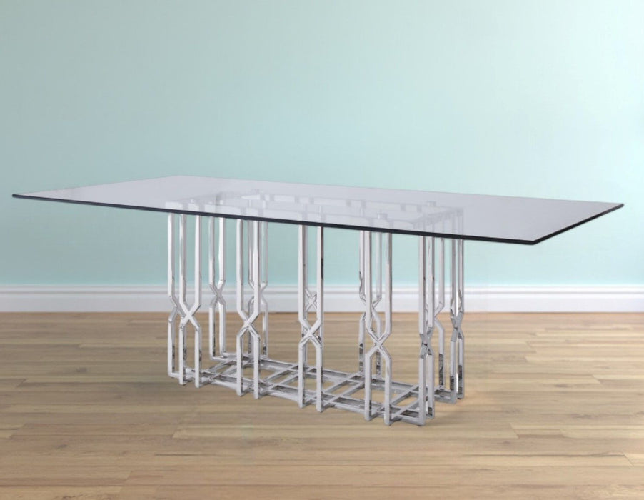 87" Glass And Stainless Steel Pedestal Base Dining Table - Clear