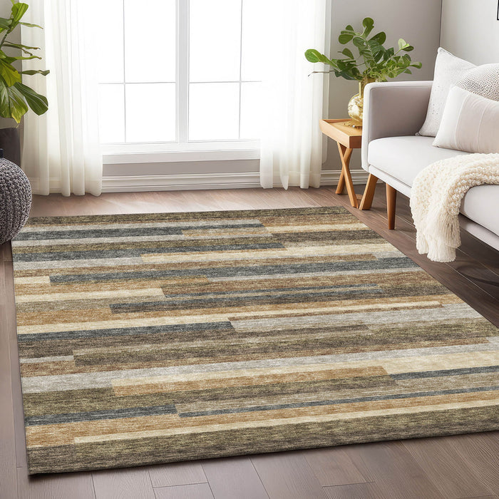 10' X 14' Striped Washable Area Rug With UV Protection - Taupe And Silver