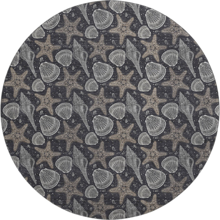 8' Geometric Washable Round Rug With UV Protection (645783) - Midnight / Taupe