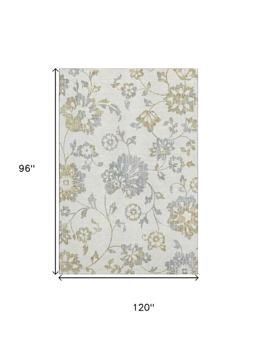 8' X 10' Floral Washable Area Rug With UV Protection (667919) - Ivory / Gray / Gold