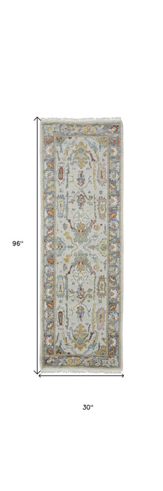 8' Wool Oriental Persian Hand Knotted Runner Rug With Fringe - Gray And Gold
