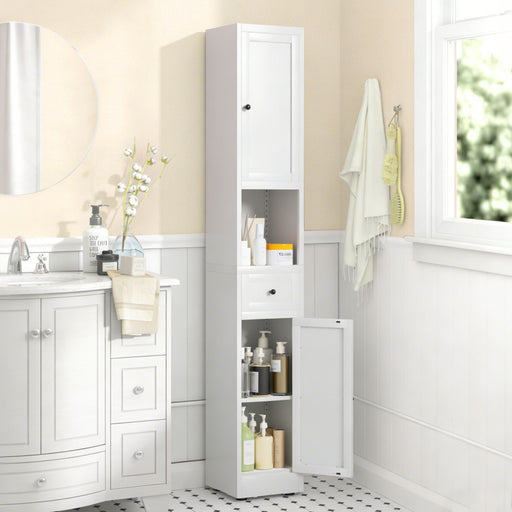 White Giga tall narrow bathroom cabinet with 5-tier storage and adjustable shelves, freestanding medicine cabinet in a bathroom setting.