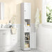 White Giga tall narrow bathroom cabinet with 5-tier storage and adjustable shelves, freestanding medicine cabinet in a bathroom setting.