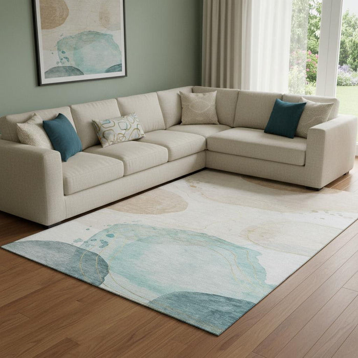8' X 10' Abstract Washable Area Rug With UV Protection (648458) - Beige / Ivory / Teal
