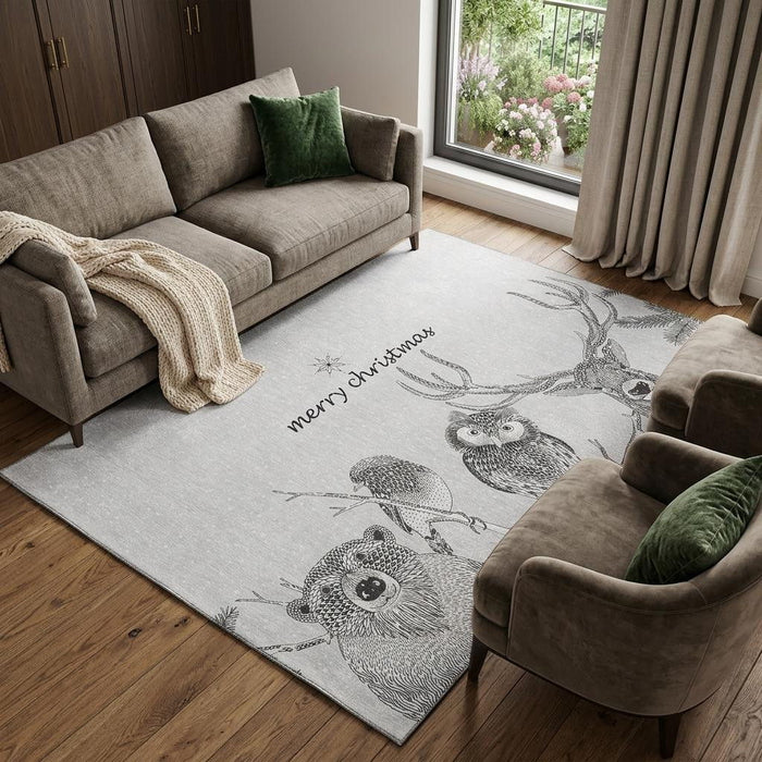 10' X 14' Christmas Woodland Lodge Washable Area Rug With UV Protection (646463) - Gray / Black