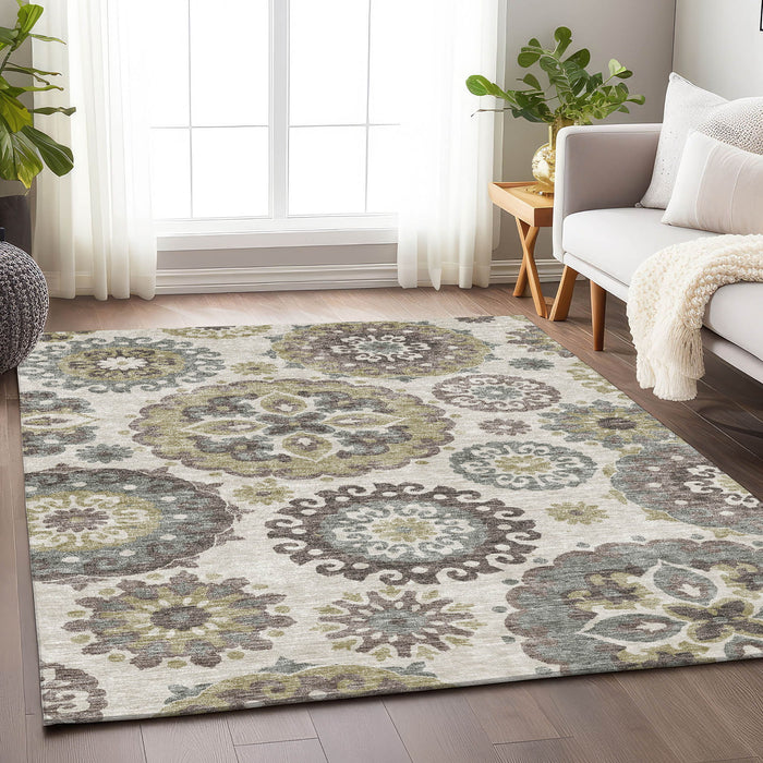 10' X 14' Medallion Washable Area Rug With UV Protection - Beige And Brown