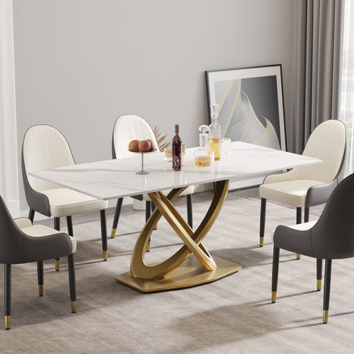 Giga 70.84-inch modern artificial stone dining table with double-ring stainless steel legs, seats 6-8 people, sleek and stylish.
