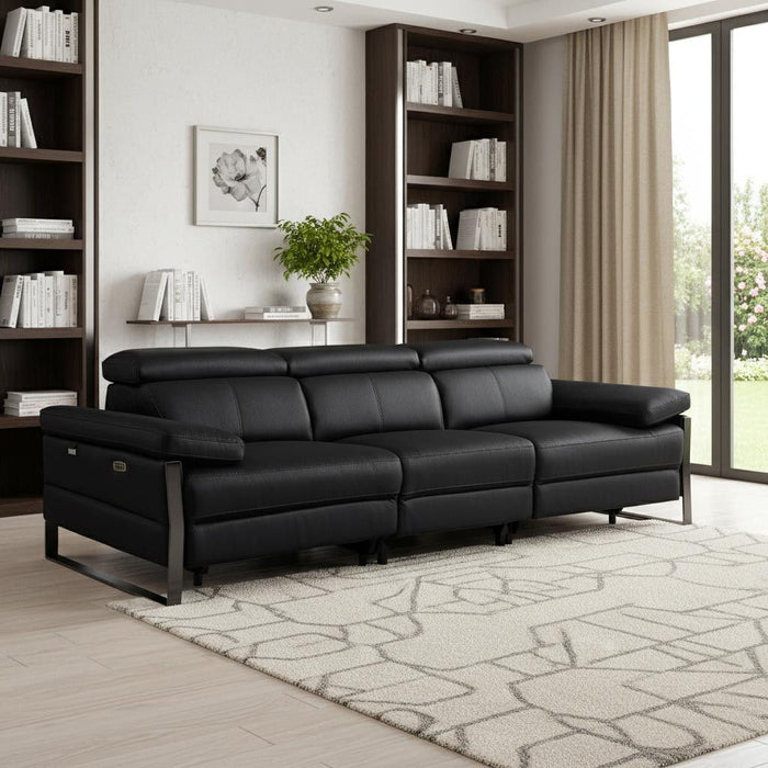 Top Grain Leather Reclining Metal USB Sofa (720326) - Black