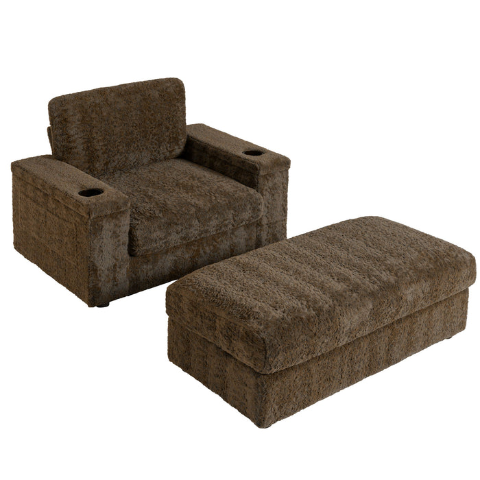 Giga oversized stationary chaise lounge with rabbit fur upholstery, deep seat, armrests, storage ottoman, and cup holders.