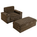 Giga oversized stationary chaise lounge with rabbit fur upholstery, deep seat, armrests, storage ottoman, and cup holders.