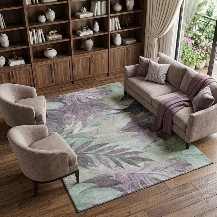 10' X 14' Floral Washable Area Rug With UV Protection (694032) - Lavender / Mint Green