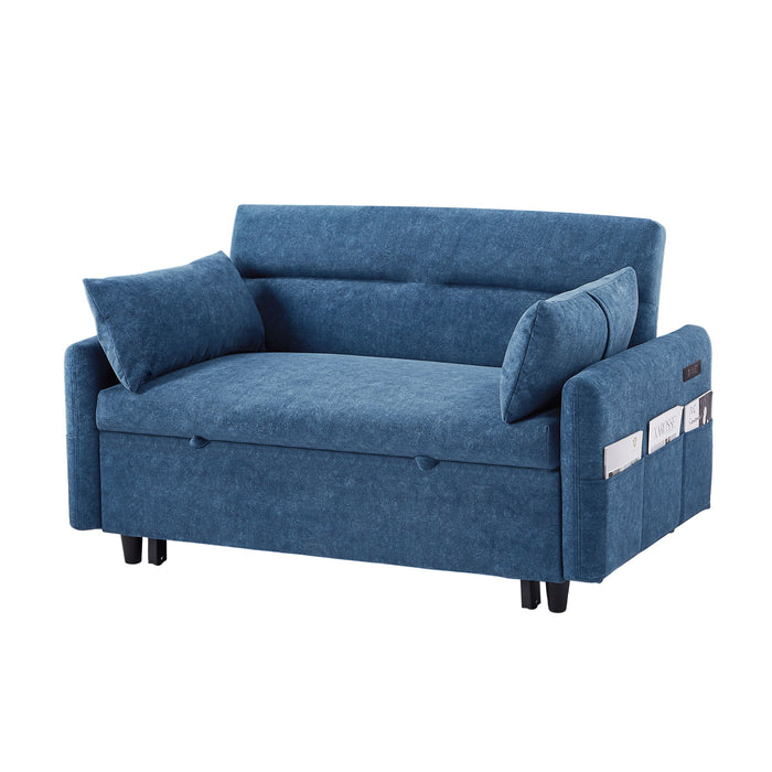 Giga sleeper sofa bed loveseat with adjustable backrest, storage pockets, two pillows, and USB ports for living room or bedroom use.