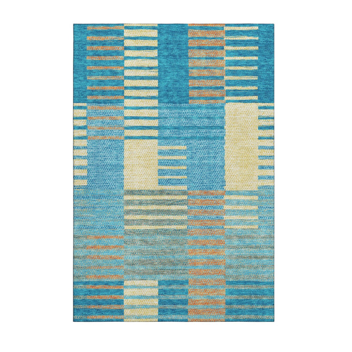 10' X 14' Striped Washable Area Rug With UV Protection (675684) - Teal / Orange / Gold