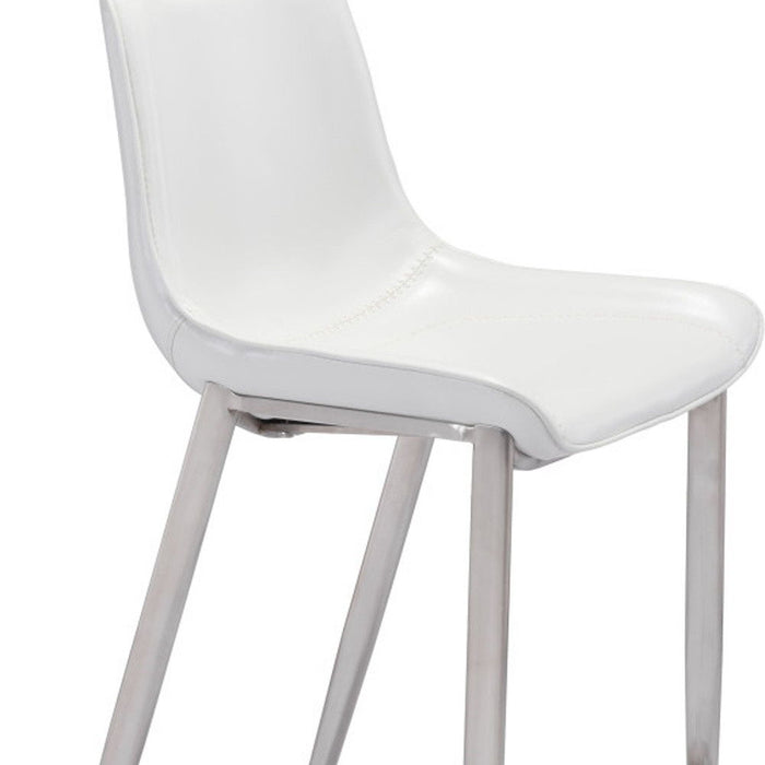 Set of two white and silver steel low back bar height chairs from HomeRoots, with sleek modern design and metal frames.