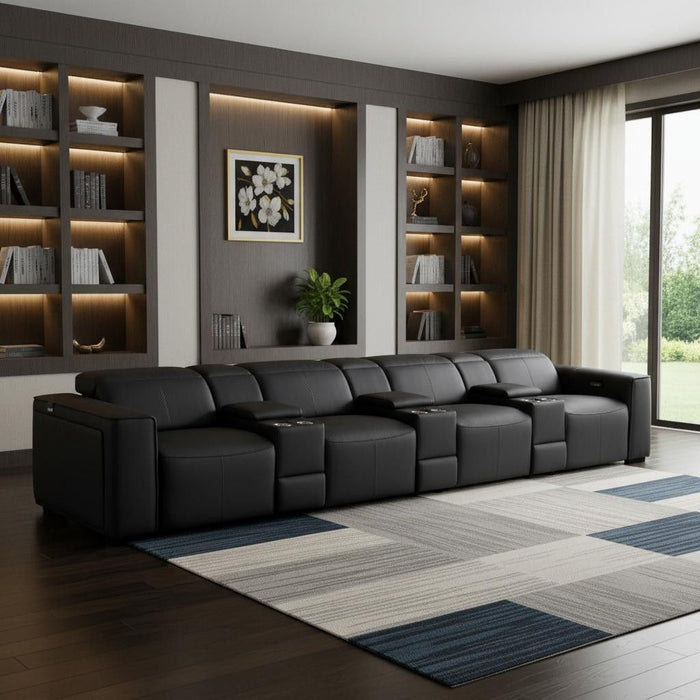 Top Grain Leather Reclining Metal USB Sofa (720420) - Black