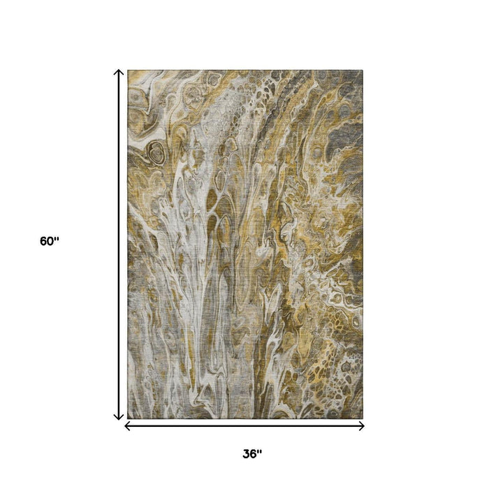 3' X 5' Abstract Washable Area Rug With UV Protection (650921) - Brown / Gray / Ivory