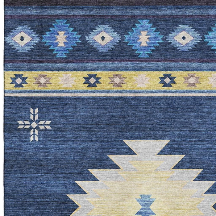 9' X 12' Geometric Washable Area Rug With UV Protection (645683) - Blue / Ivory / Gold