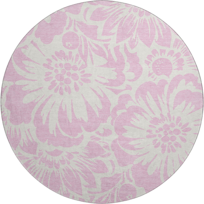 8' Floral Washable Round Rug With UV Protection (648685) - Pink / Ivory