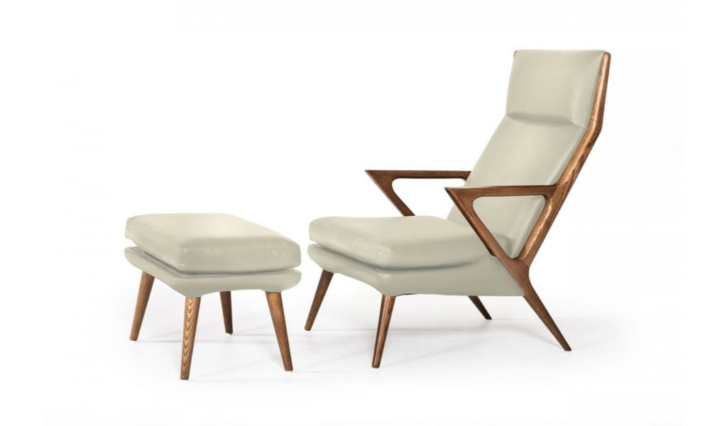 Faux Leather And Walnut Lounge Chair With Ottoman - Beige