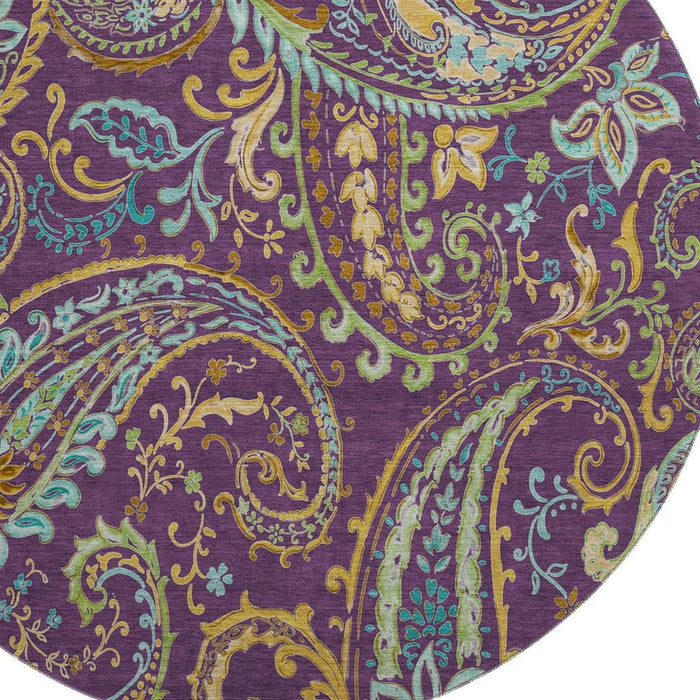 8' Paisley Washable Round Rug With UV Protection (647995) - Purple / Green / Blue