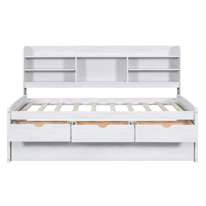 Giga captain bed with built-in bookshelves, three storage drawers, and a trundle, showcasing a sturdy wooden design and ample storage space.