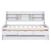 Giga captain bed with built-in bookshelves, three storage drawers, and a trundle, showcasing a sturdy wooden design and ample storage space.