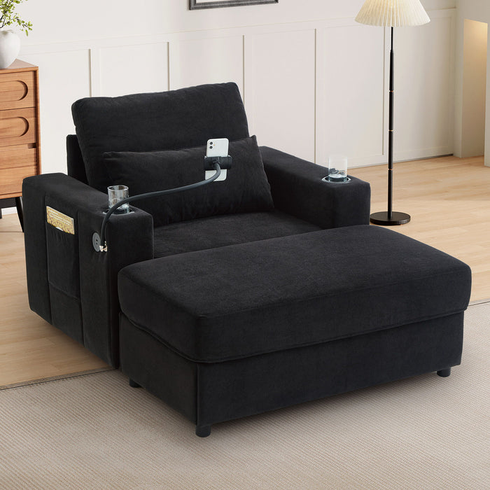 Giga modern armchair chaise lounge sofa with movable storage ottoman, USB ports, cup holders, phone holder, and side pockets.