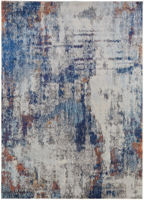 10' x 14' Abstract Power Loom Distressed Stain Resistant Area Rug - Ivory And Blue
