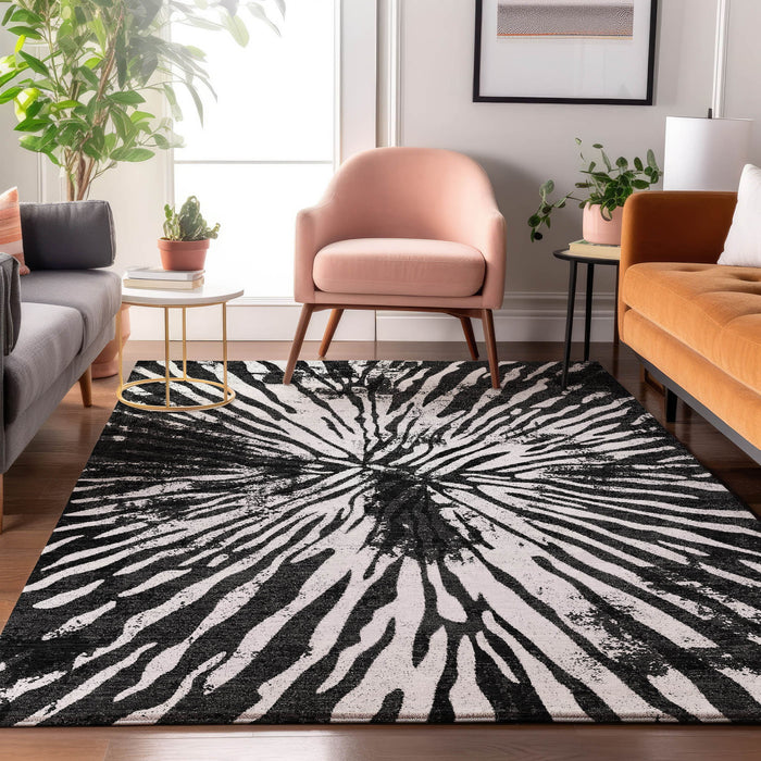 10' X 14' Zebra Print Washable Area Rug With UV Protection - Black And Ivory