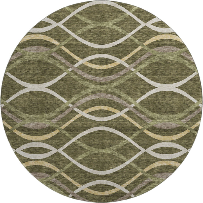 8' Abstract Washable Round Rug With UV Protection - Olive Green And Gold